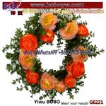 Coral Artificial Ranunculus Flower with Leaf Wreath for Indoor Decoration