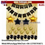 EasternHope 32 Black Party Decorations Kit Gold Shiny Curtains, Happy Birthday Banner with Latex and Star Foil Balloons Supplies